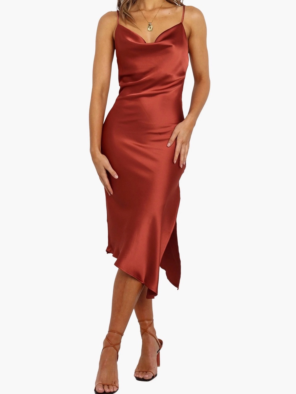 Petal & Pup Cyprus Satin Slipdress in Rust NWT Cowl Neck Asymmetrical Bridesmaid